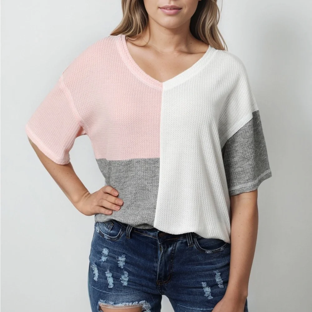 🔥🔥Multi Color Waffle Color Block Short Sleeve Top - Picture 2 of 5